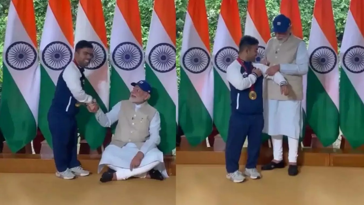 PM मोदी ने की हरियाणा के गोल्डन ब्वॉय नवदीप से मुलाकात, खिलाडी के हाथो फर्श पर बैठकर टोपी पहनी; वीडियो वायरल Golden Boy Navdeep PM Modi