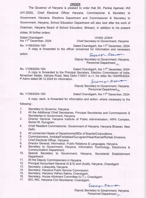 हरियाणा विद्यालय शिक्षा बोर्ड का अध्यक्ष घोषित, 2000 बैच के IAS पंकज अग्रवाल को मिली जिम्मेदारी HBSE Order